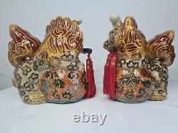 Vintage Satsuma Ceramic Foo Dogs Pair Circa mid 20th Century Hand Painted