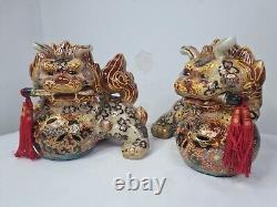 Vintage Satsuma Ceramic Foo Dogs Pair Circa mid 20th Century Hand Painted