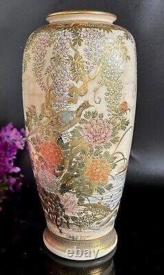 Vintage Satsuma Vase Early Showa Period c1930s 8.75H Landscape Peonies Birds