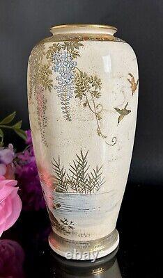 Vintage Satsuma Vase Early Showa Period c1930s 8.75H Landscape Peonies Birds