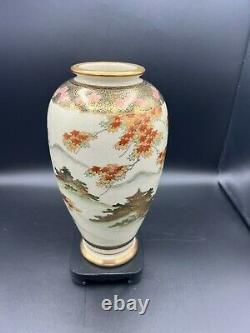 Vintage Toyo Japanese Kutani Satsuma Handpainted Vase withwooden Base, 10 Tall